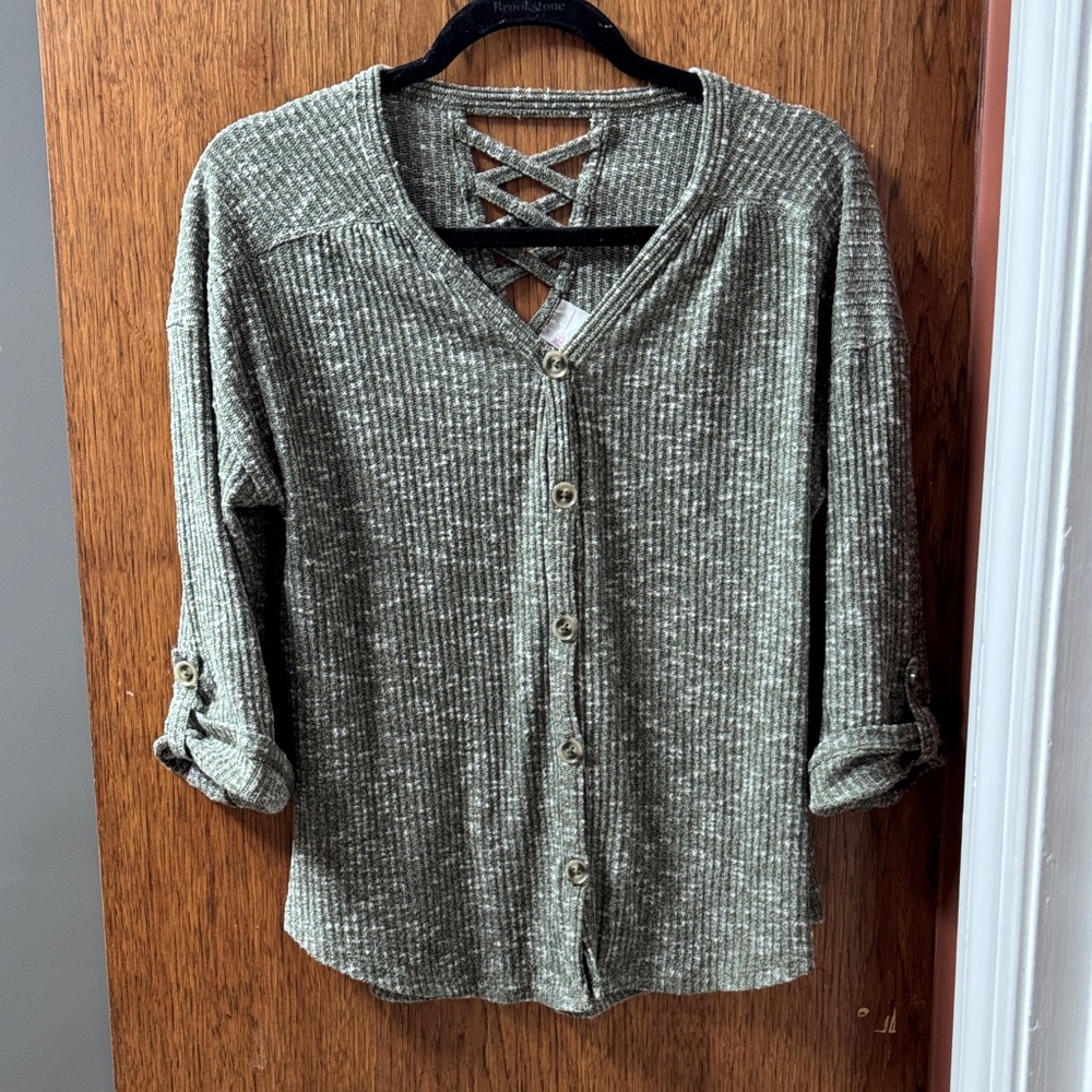 No Boundaries Olive Green Ribbed Button-Front Top with Crisscross Back